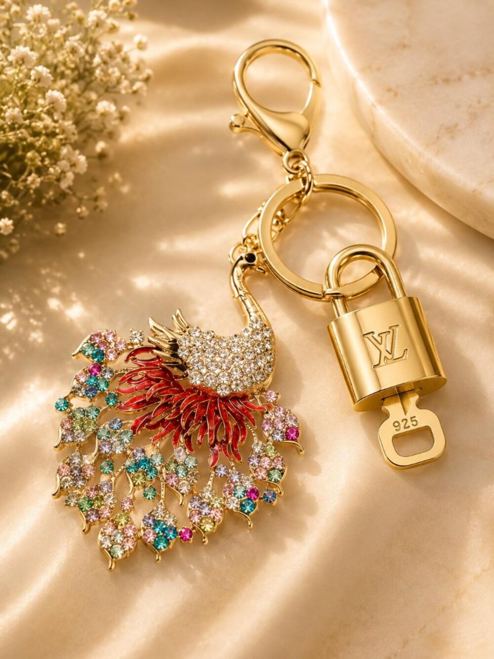 Louis Vuitton Authentic Gold Padlock 🔒 Key + Unbranded Peacock Bag Keychain